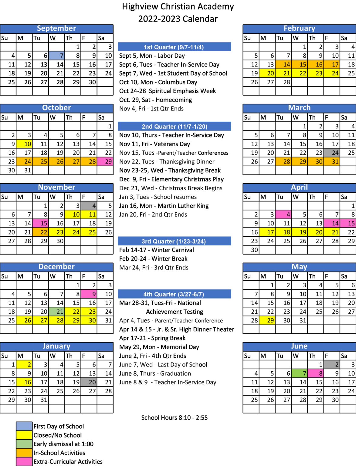 Covenant Christian Academy Calendar 2025 2026